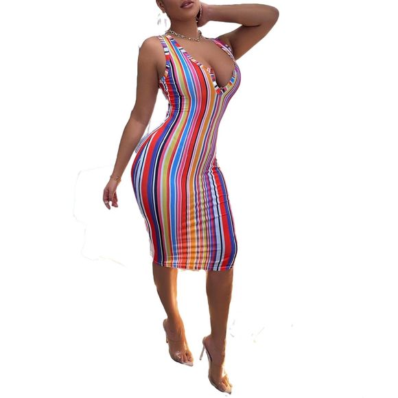 SHEIN Striped Notched Bodycon Dress Sleeveless Multicolor - Size L - Picture 1 of 11